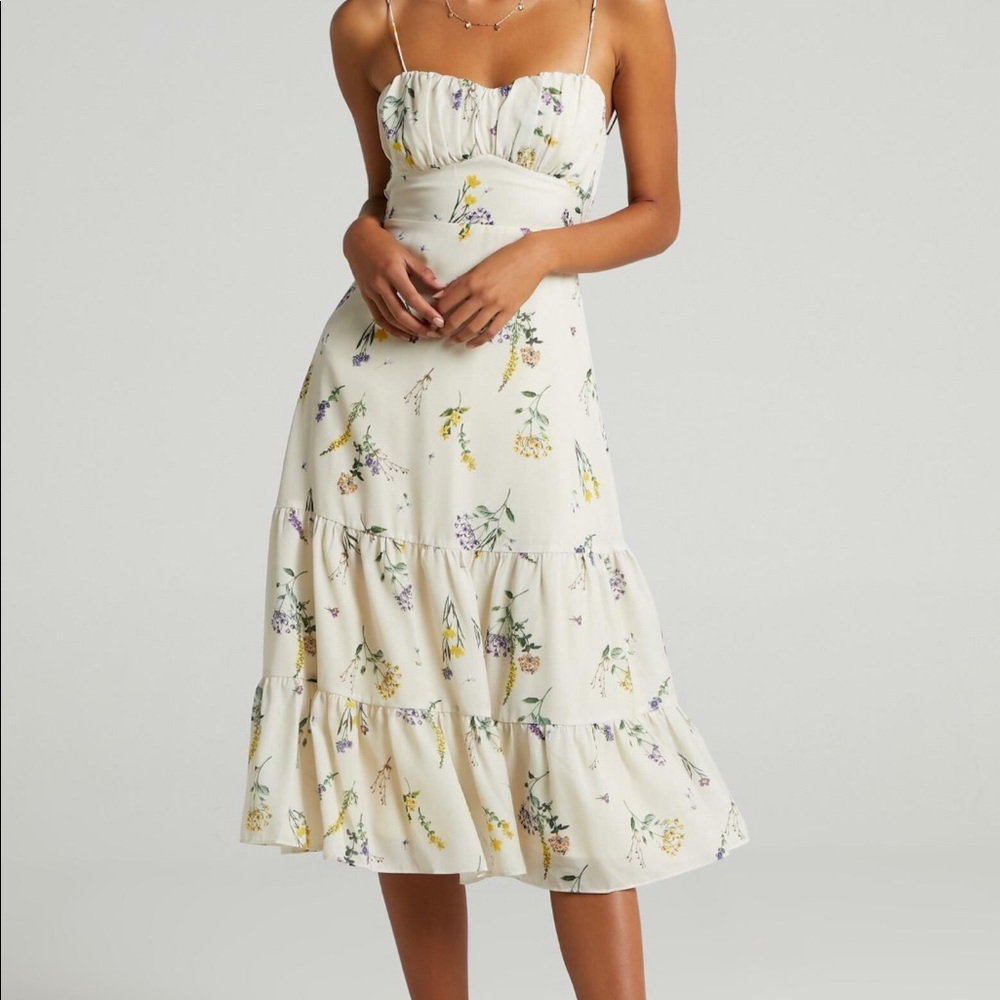 Showpo cream / super pale yellow tie strap midi dress